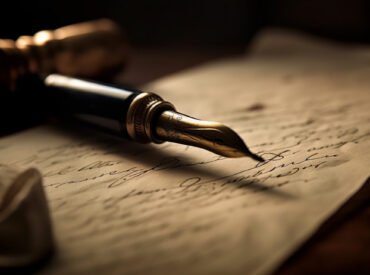Antique quill pen on parchment, a timeless symbol of communication generated by artificial intelligence